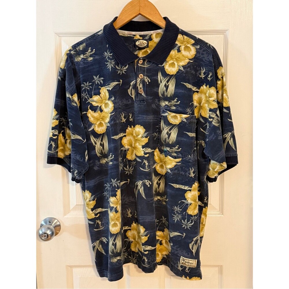 Vintage Tommy Bahama Hawaiian Polo Shirt Navy & Yellow Floral Size XL